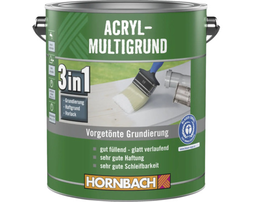 Hornbach Acryl-Multigrundierung, vorgetönt, drei in eins: Grundierung, Haftgrund und Vorlack. Für innen und außen, umweltfreundlich, Blauer Engel.