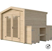 Gartenhaus aus Holz mit Doppeltür und seitlichem Anbau mit Regalfächern. (Image AI modified or generated)