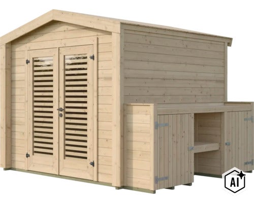Gartenhaus aus Holz mit Doppeltür und seitlichem Anbau mit Regalfächern. (Image AI modified or generated)