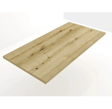 Rechteckige Holzplatte mit natürlicher Maserung und Astlöchern, geeignet als Tischplatte oder Regalboden.