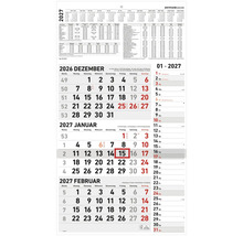 Zettler Wandkalender 2027 mit 3-Monatsansicht von Dezember 2026 bis Februar 2027 inklusive Wochennummern und Feiertagsübersicht.