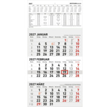 ZETTLER Wandkalender 2027 mit Dreimonatsansicht von Januar bis März und einer Ferienübersicht für Deutschland.