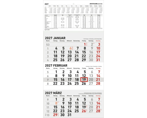 ZETTLER Wandkalender 2027 mit Dreimonatsansicht von Januar bis März und einer Ferienübersicht für Deutschland.