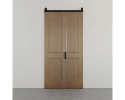 Zweiflügelige Schiebetür aus Holz im Scheunentür-Stil mit vier Füllungen pro Türblatt und schwarzem Schienensystem.