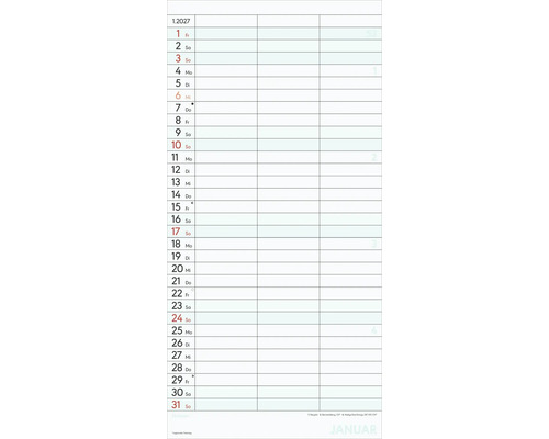 Monatskalenderblatt für Januar 2027 mit Spalten für tägliche Eintragungen und Notizfeldern.