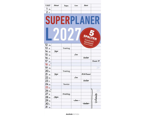 Familienplaner Superplaner L 2027 mit fünf Spalten für Termine, Ferienterminen und Notizbereich von Alpha Edition.