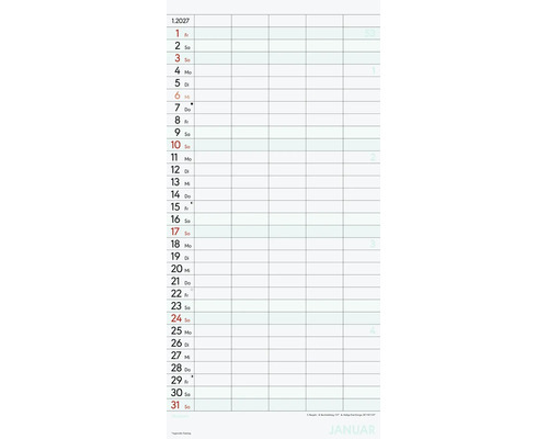 Kalenderblatt für Januar zweitausendsiebenundzwanzig mit Tagesspalten und Notizfeldern.