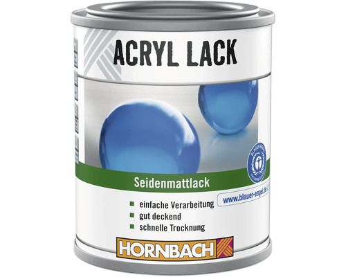 Dose Hornbach Acryl Lack Seidenmattlack mit Blauer Engel Umweltsiegel und Hornbach Logo.