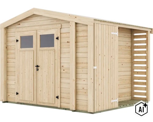 Gartenhaus aus Holz mit Doppeltür, Fenstern und seitlichem Anbau für Brennholz. (Image AI modified or generated)