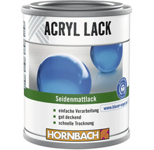 Dose Hornbach Acryl Lack Seidenmattlack mit Blauer Engel Umweltsiegel und Hornbach Logo.