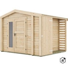 Gartenhaus aus Holz mit Satteldach, Doppeltür mit Glaseinsatz und seitlichem Anbau für Brennholz. (Image AI modified or generated)