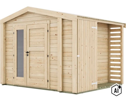 Gartenhaus aus Holz mit Satteldach, Doppeltür mit Glaseinsatz und seitlichem Anbau für Brennholz. (Image AI modified or generated)