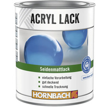 HORNBACH Acryllack, Seidenmattlack, schnell trocknend, gut deckend, Umweltsiegel Blauer Engel, HORNBACH Logo.