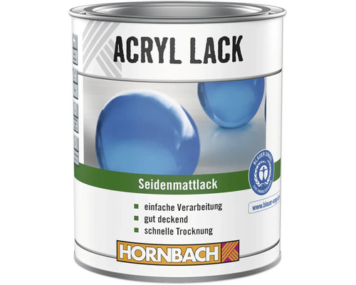 HORNBACH Acryllack, Seidenmattlack, schnell trocknend, gut deckend, Umweltsiegel Blauer Engel, HORNBACH Logo.