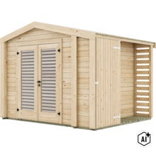 Gartenhaus aus Holz mit Doppeltür und integriertem seitlichen Unterstand (Image AI modified or generated)