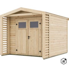 Gartenhaus aus Holz mit Doppeltür und seitlichen Lamellenwänden. (Image AI modified or generated)