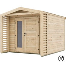 Gartenhaus aus Holz mit Doppeltür, einem Glaselement und seitlichen Sichtschutzwänden für den Garten. (Image AI modified or generated)