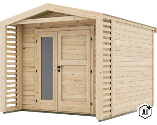 Gartenhaus aus Holz mit Doppeltür, einem Glaselement und seitlichen Sichtschutzwänden für den Garten. (Image AI modified or generated)
