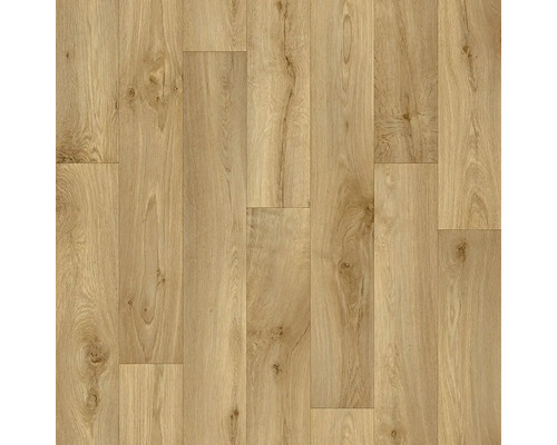 Laminatboden in Eichenoptik mit natürlicher Holzmaserung und sichtbaren Astlöchern.