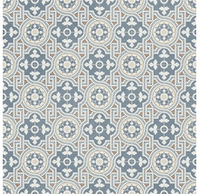 Quadratische Fliese mit blauem Vintage-Muster aus geometrischen Kreisen und floralen Elementen.