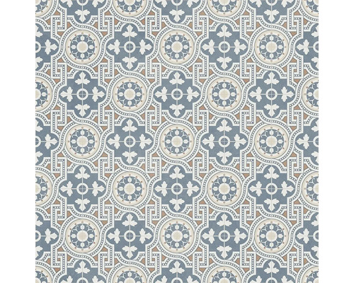 Quadratische Fliese mit blauem Vintage-Muster aus geometrischen Kreisen und floralen Elementen.