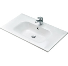 Rechteckiges Waschbecken aus Keramik mit Einhebelmischer, Überlauf und Abfluss.