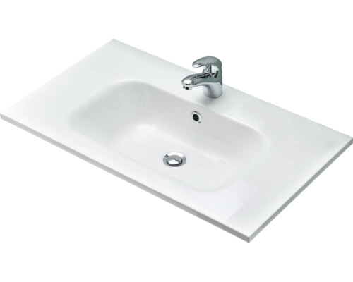 Rechteckiges Waschbecken aus Keramik mit Einhebelmischer, Überlauf und Abfluss.