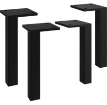 Vier schwarze Möbelfüße aus Metall in eckiger Form für Tische und Kommoden.