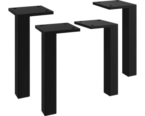 Vier schwarze Möbelfüße aus Metall in eckiger Form für Tische und Kommoden.