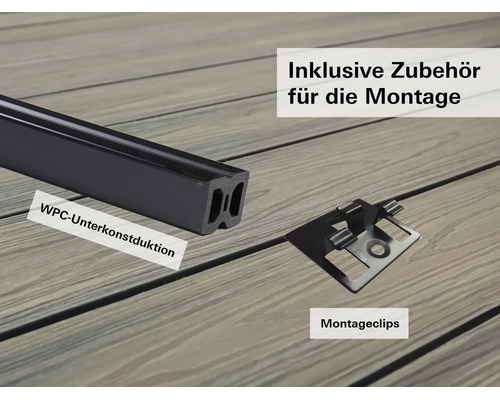WPC Unterkonstruktion für die Terrasse inklusive Montageclips als Zubehör für die Montage.