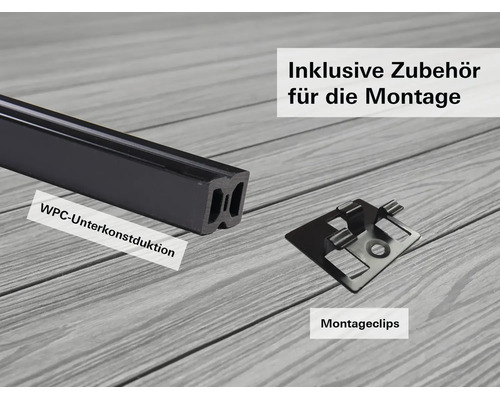 WPC-Unterkonstruktion und Montageclip für Terrassen inklusive Montagezubehör.