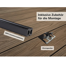 WPC-Unterkonstruktion und Montageclips inklusive Zubehör für die Terrassenmontage auf einer Holzoberfläche.