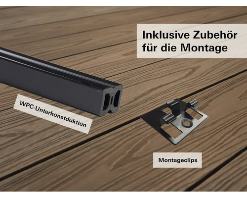WPC-Unterkonstruktion und Montageclips inklusive Zubehör für die Terrassenmontage auf einer Holzoberfläche.