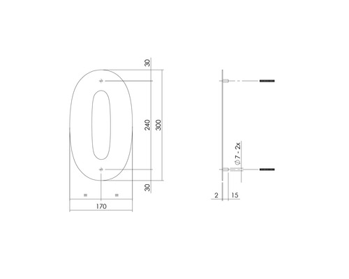 Technische Zeichnung der Hausnummer Null mit Abmessungen