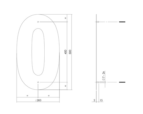 Technische Zeichnung der Hausnummer Null mit Maßangaben