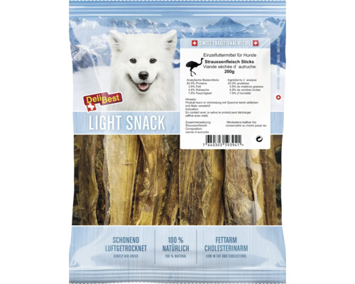 DeliBest Hundesnack Light Snack Straußenfleisch-Sticks, 200 Gramm, luftgetrocknet, fettarm und 100 Prozent Natur.