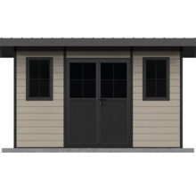 Gartenhaus-Fassade mit anthrazitfarbener Doppeltür und zwei Fenstern, beige horizontale Holzpaneele.