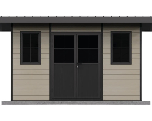 Gartenhaus-Fassade mit anthrazitfarbener Doppeltür und zwei Fenstern, beige horizontale Holzpaneele.