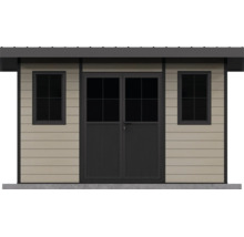 Fassade eines Gartenhauses mit Doppeltür, zwei Fenstern und horizontalen Paneelen.