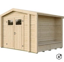 Gartenhaus aus Holz mit Doppeltür und integriertem Anbau mit Sitzbank (Image AI modified or generated)
