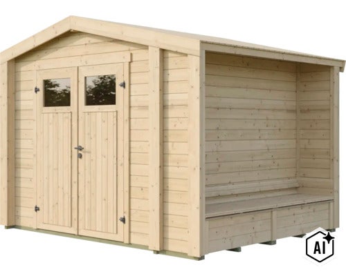 Gartenhaus aus Holz mit Doppeltür und integriertem Anbau mit Sitzbank (Image AI modified or generated)