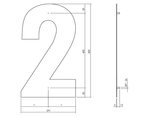 Technische Zeichnung der Zahl 2 mit Maßangaben