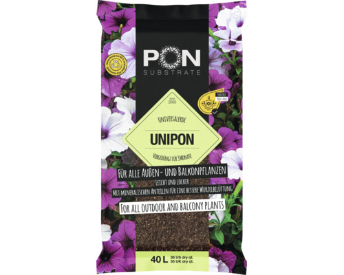 Pon Substrate Unipon Universalerde, 40 Liter, torffrei, mineralisch, für Außen- und Balkonpflanzen, vorgedüngt für 3 Monate.