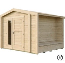 Gartenhaus aus Holz mit Doppeltür und integriertem seitlichem Unterstand mit Bank. (Image AI modified or generated)
