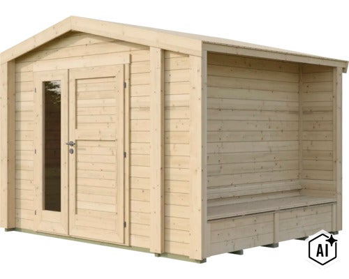 Gartenhaus aus Holz mit Doppeltür und integriertem seitlichem Unterstand mit Bank. (Image AI modified or generated)