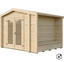 Gartenhaus aus Holz mit Doppeltür und integrierter Überdachung mit Sitzbank für den Garten (Image AI modified or generated)