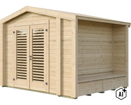Gartenhaus aus Holz mit Doppeltür und integrierter Überdachung mit Sitzbank für den Garten (Image AI modified or generated)