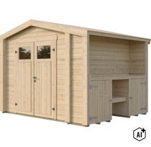 Gartenhaus aus Holz mit Doppeltür und angebautem Schleppdach mit integriertem Lagerbereich. (Image AI modified or generated)