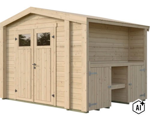 Gartenhaus aus Holz mit Doppeltür und angebautem Schleppdach mit integriertem Lagerbereich. (Image AI modified or generated)