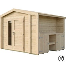 Gartenhaus aus Holz mit Doppeltür, Glasfenster und seitlichem Anbau mit Stauraum (Image AI modified or generated)